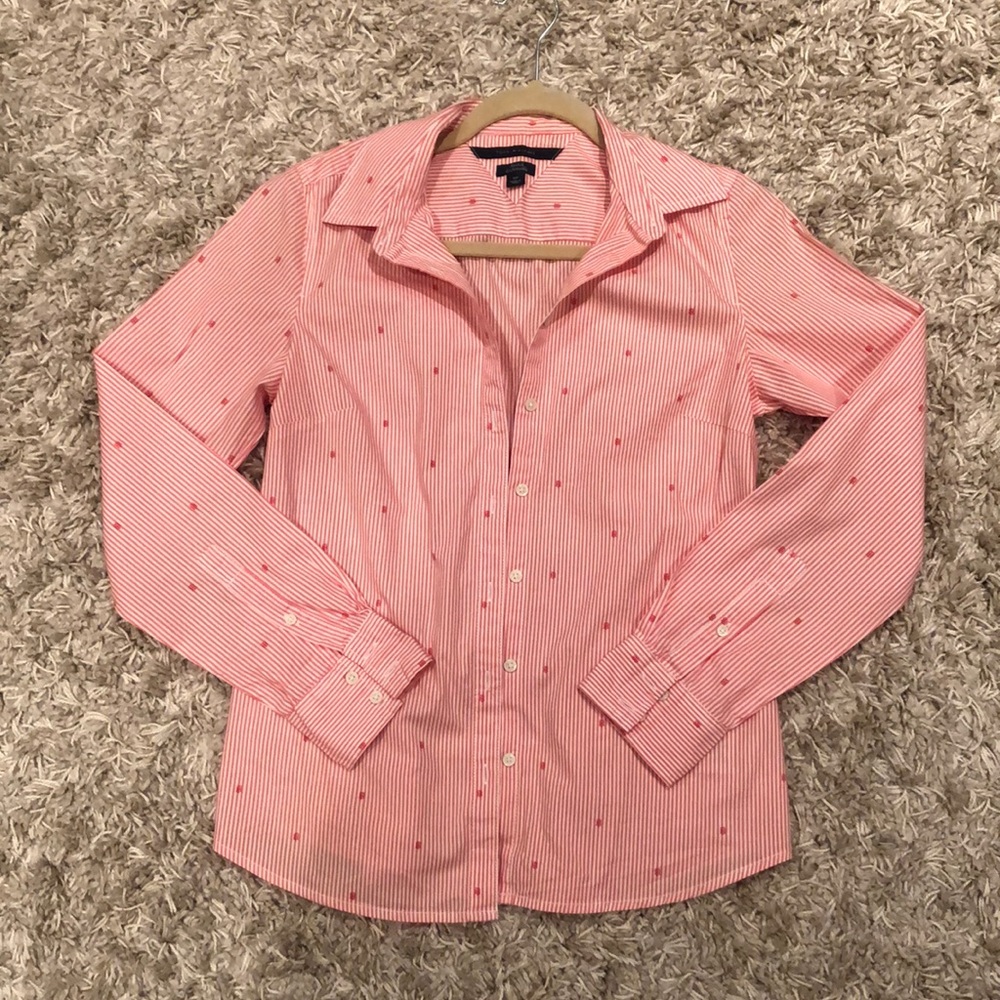 Tommy Hilfiger peach/white striped long sleeve blouse & collar&TH application,S,